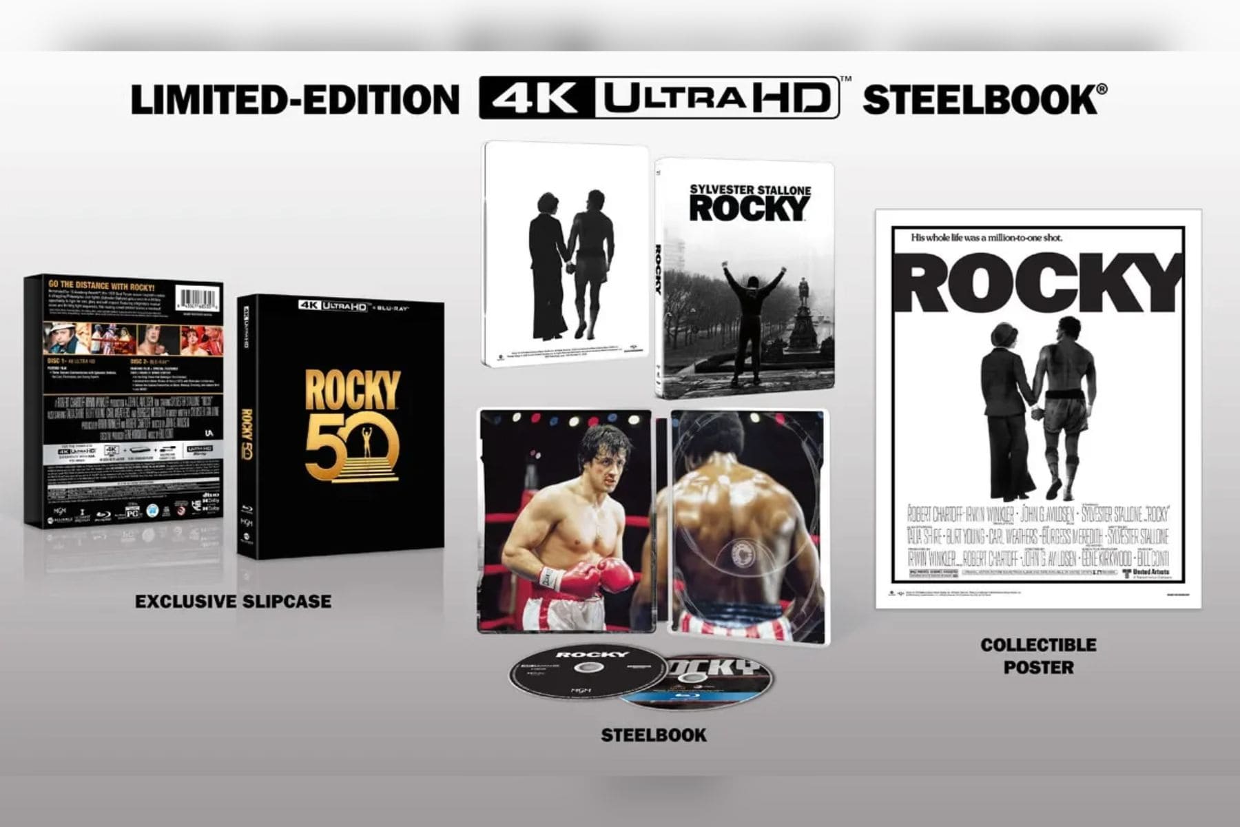 Sylvester Stallone como Rocky Balboa con los brazos en alto.