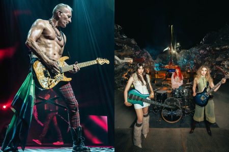 Phil Collen tocando la guitarra en vivo y las integrantes de The Warning en concierto